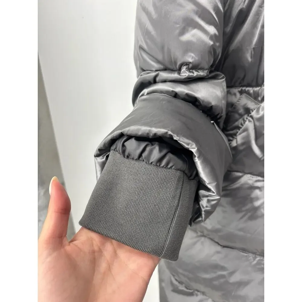 Martha Stewart Metallic Puffer Coat with Faux Fur Details Womens L Silver